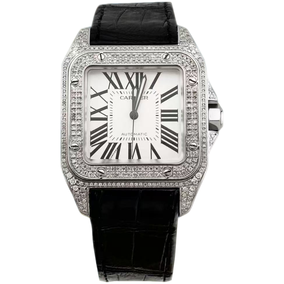 99新 Cartier/卡地亚 山度士中号镶钻/44.2x35.6自动机械男款手表