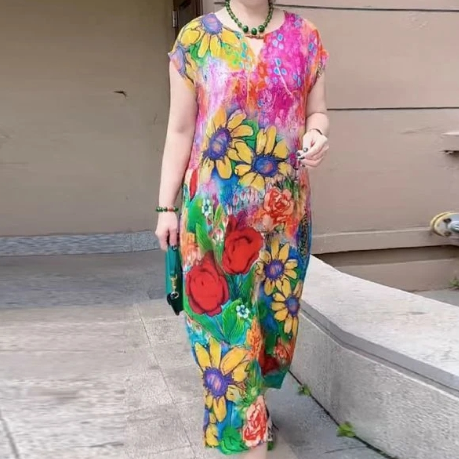 花色七彩连衣裙时尚休闲夏季复古印花民族风大花