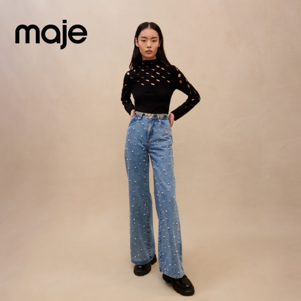 秋冬服饰|Maje法式设计感镂空黑色修身长袖针织衫MFPPU00546