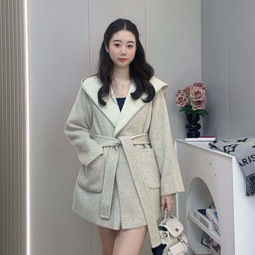 2025新款女装韩版兜帽【双面双穿】浴袍羊毛大衣外套8502