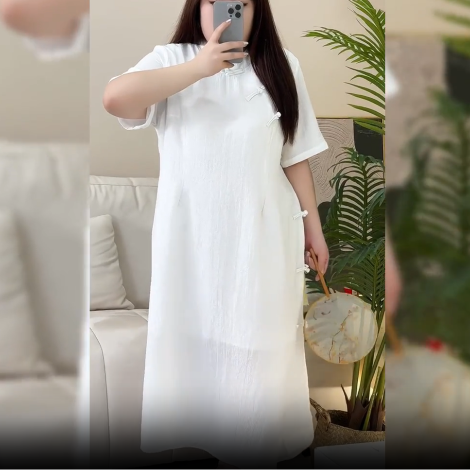 大码女装300斤胖MM时尚新中式国风简约风纯色连衣裙66396