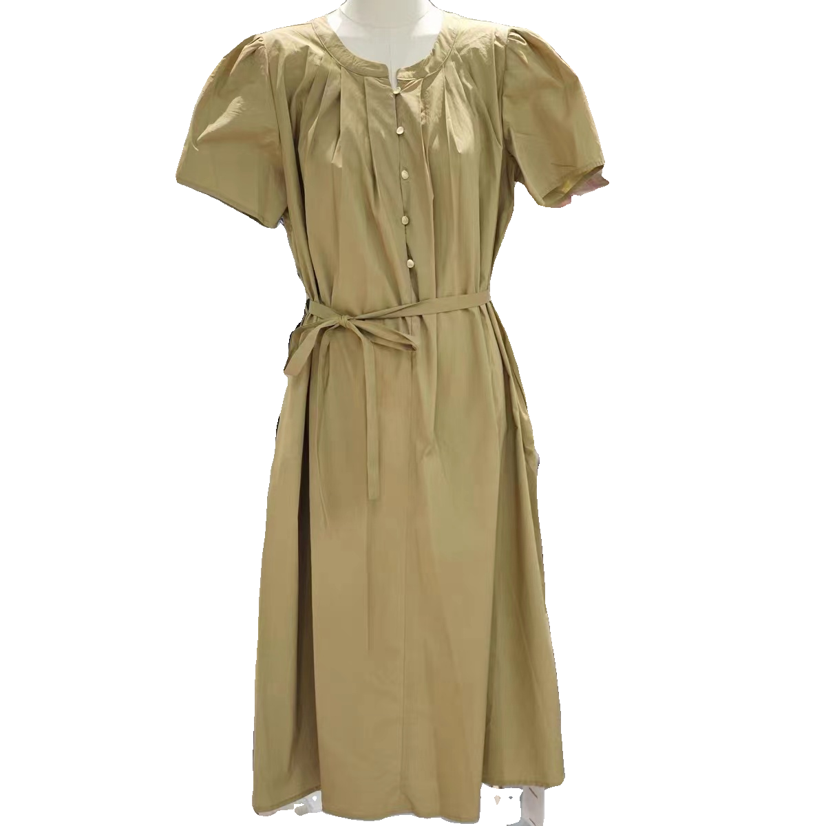 99012卡其色圆领腰带连衣裙