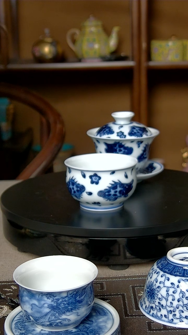 景德镇青花鳜鱼三才盖碗+儒士杯