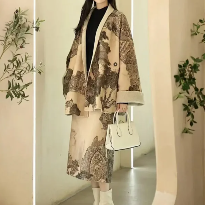 【NA家】女印花大衣毛呢外套中式印花大衣双面外套