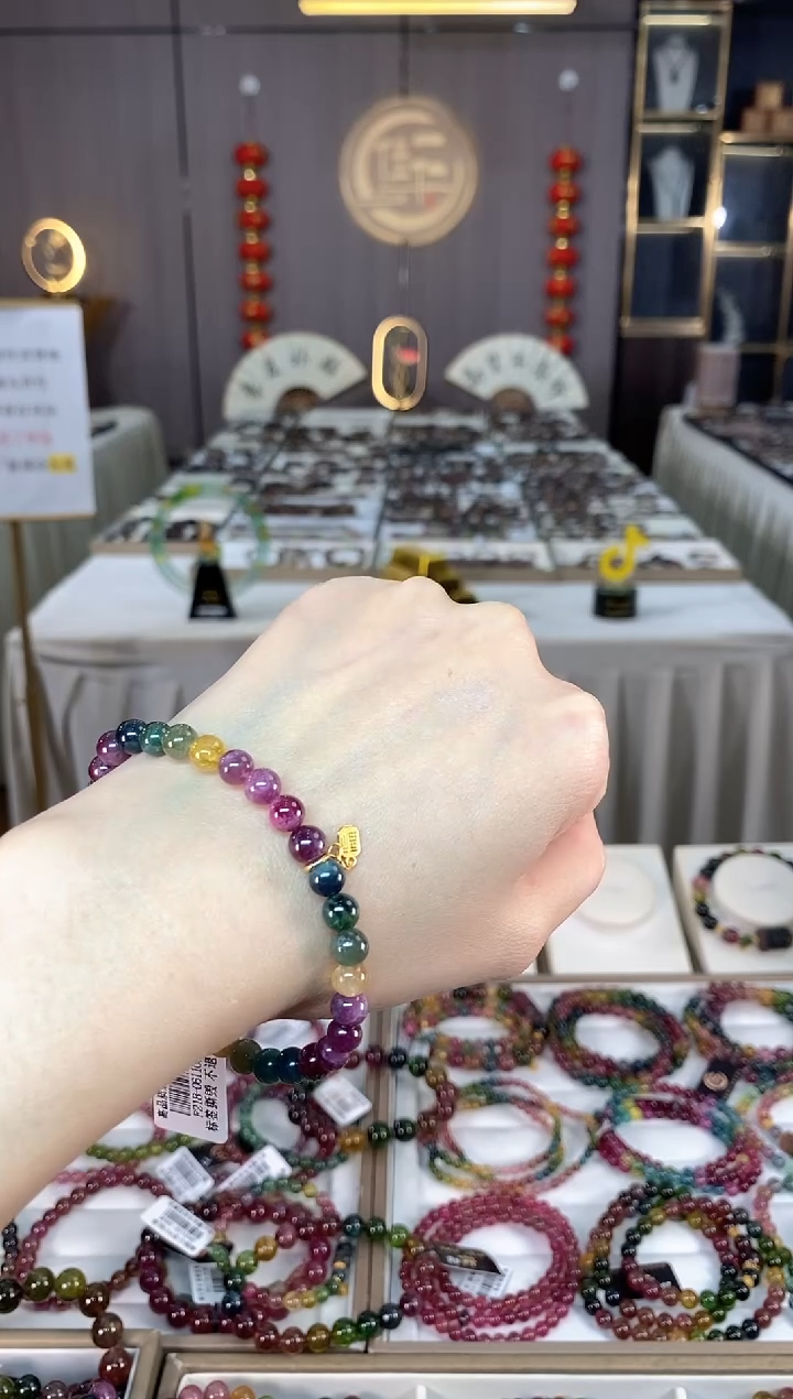 未镶嵌老矿碧玺色标彩虹单圈手串6mm+碧玺dan多样性发货一条