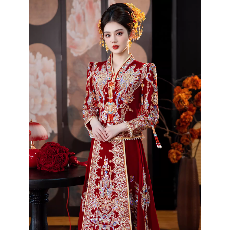 丝绒秀禾服新娘2025新款中式结婚嫁衣敬酒服高端重工出阁服春季女