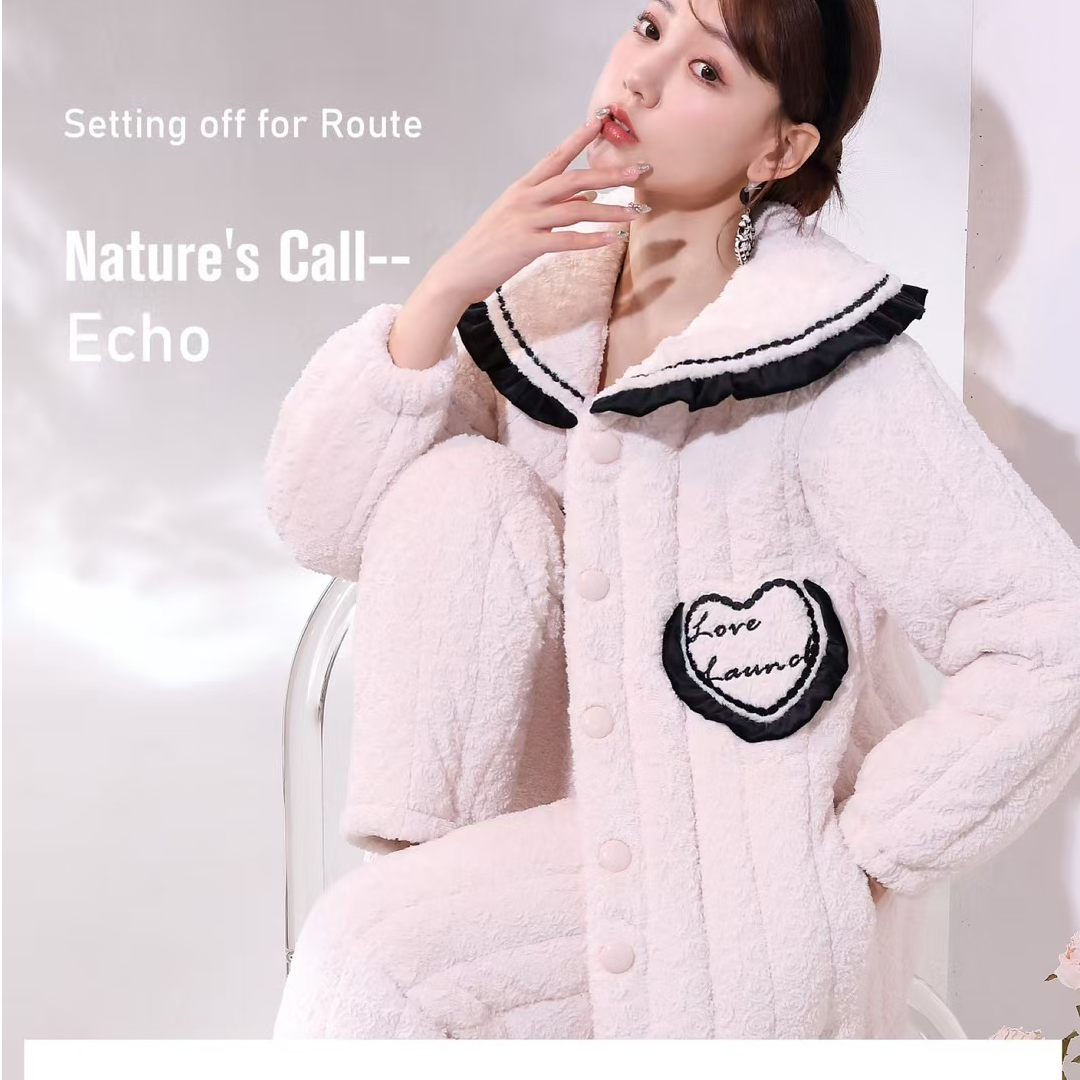 【小兔纸睡衣优选】冬季三层夹棉睡衣女加厚超厚外穿翻领家居服套装