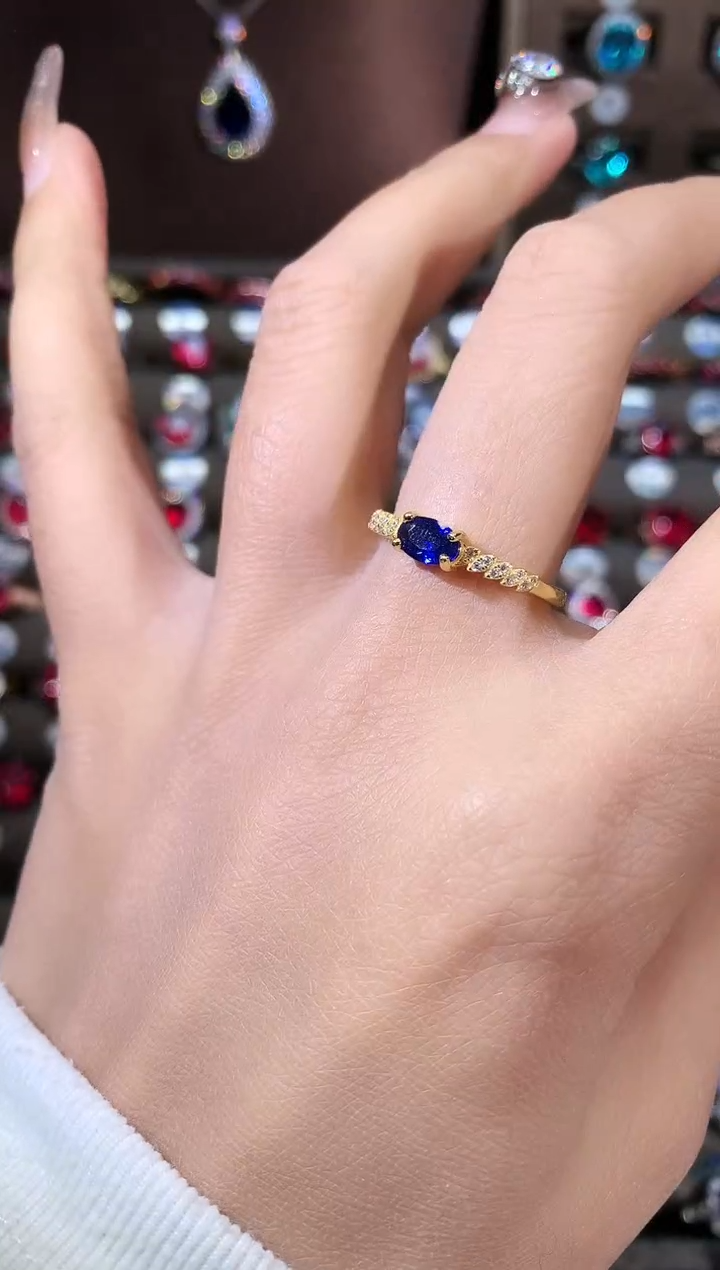 戒指蓝宝石银S925镶嵌金色46