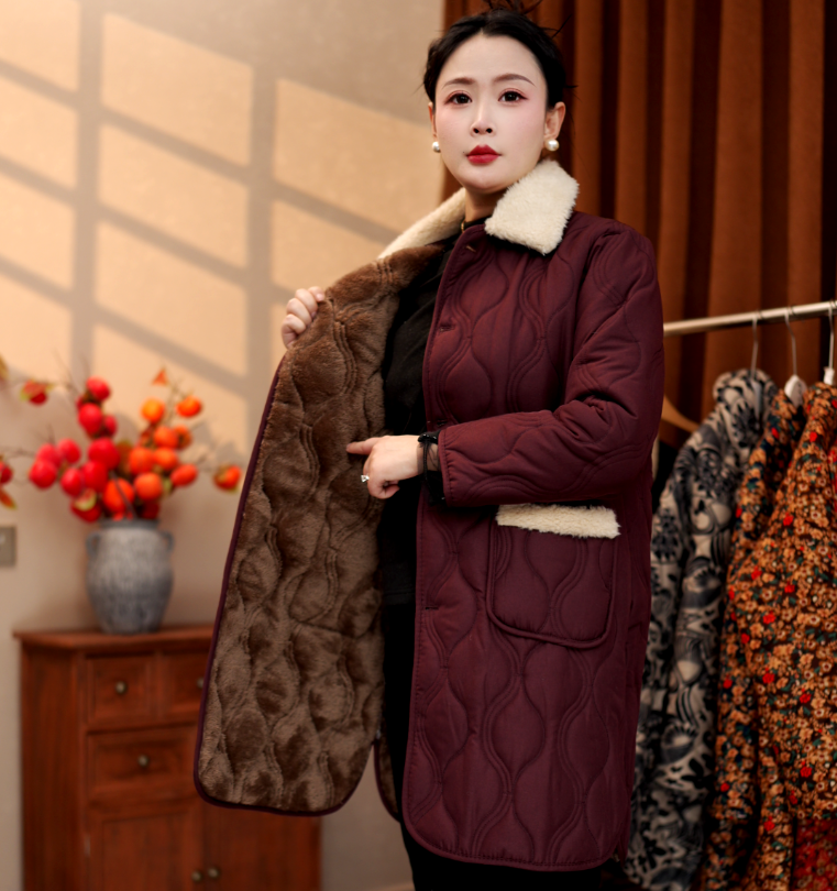 秋冬妈妈装棉衣外套时尚翻领加绒保暖棉服中老年冬季加厚长款棉衣