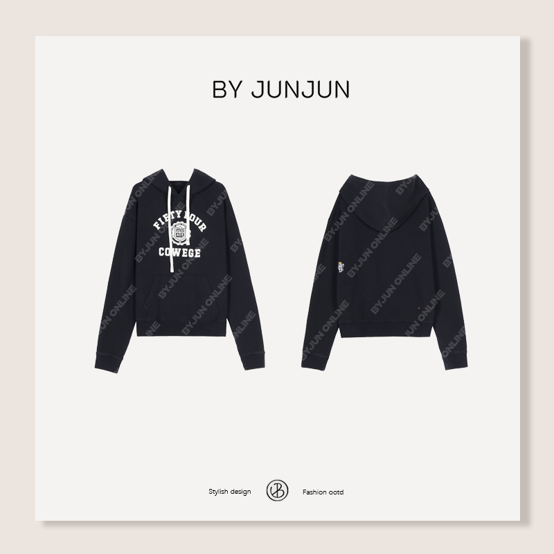 ByJunjun黑白配 四季款高克重洗水连帽卫衣冬季百搭休闲上衣
