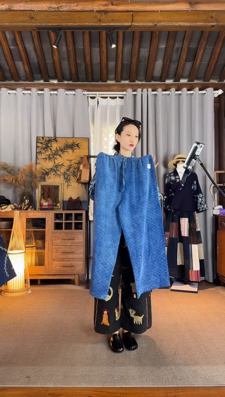 清***靥设计师款蓝色暗纹阔腿裤