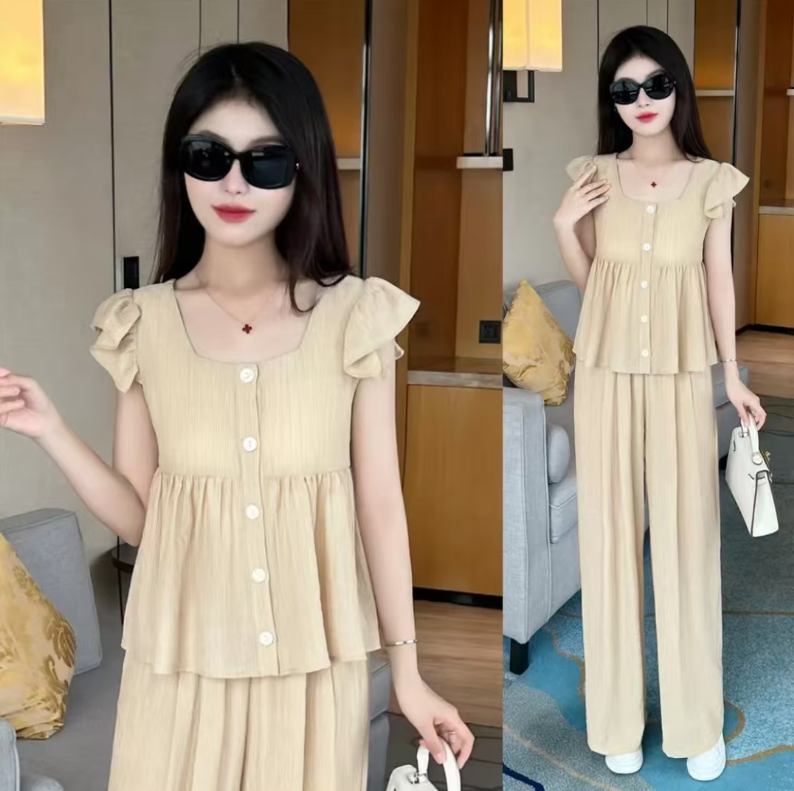 夏季韩系简约小清新飞飞袖单排扣上衣+休闲阔腿裤两件套女818【1】