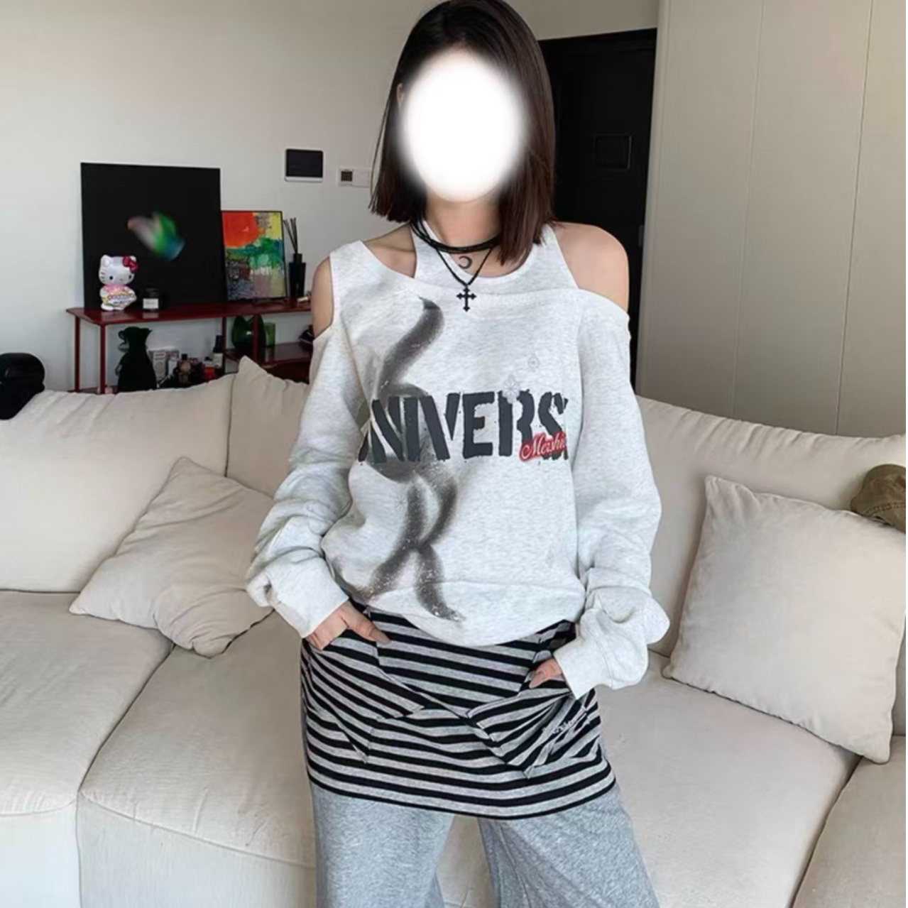 胖鹅张~美式复古字母印花斜肩不规则挂脖绑带卫衣#7052