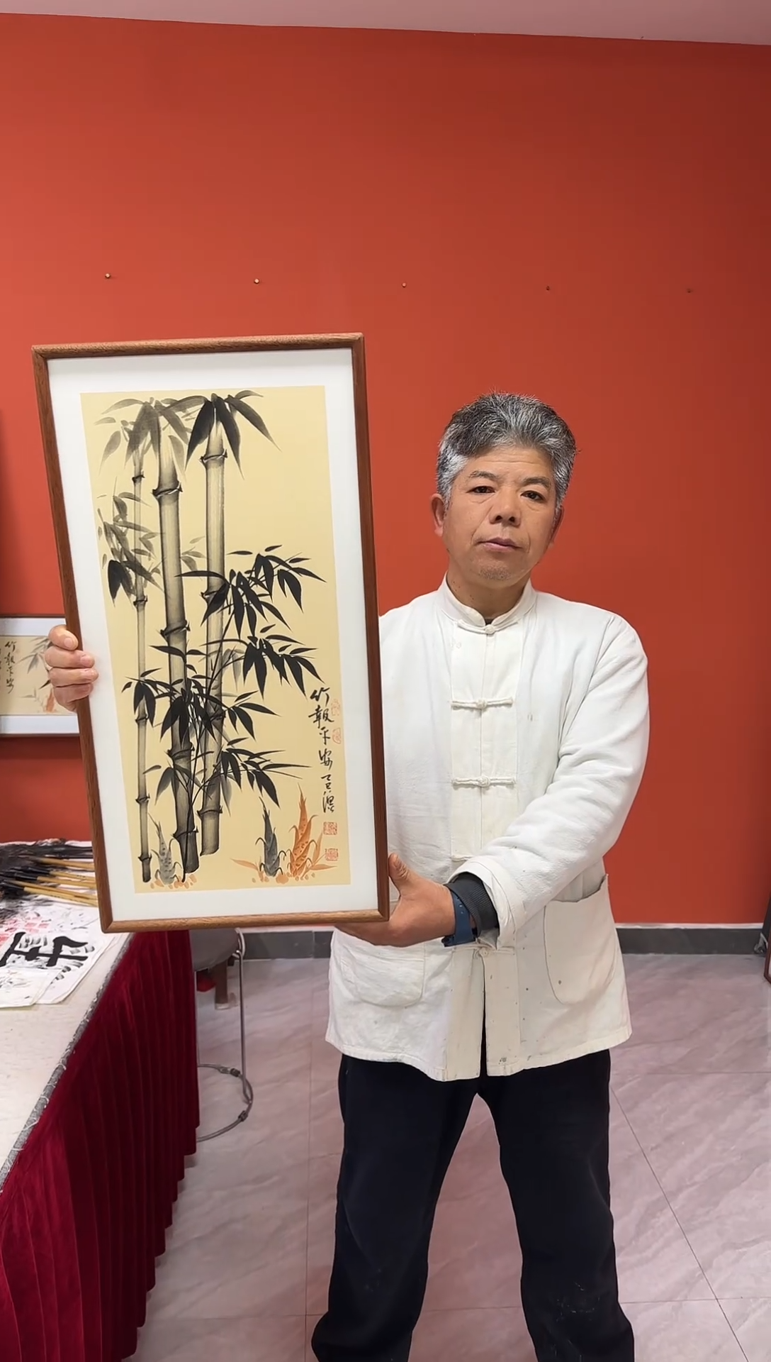 书法张富民手绘作品/竹报平安//古宣（（乌檀木外框）35*70cm左右