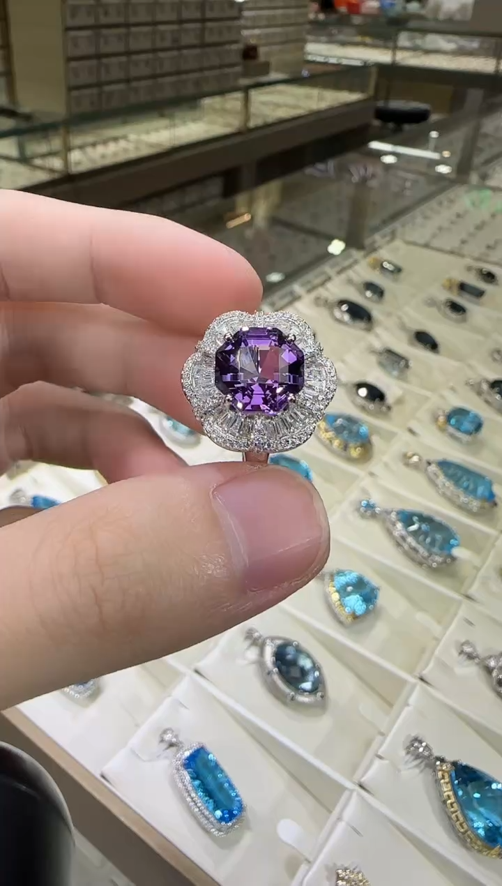 银S925镶嵌戒指紫晶10mm帝王紫