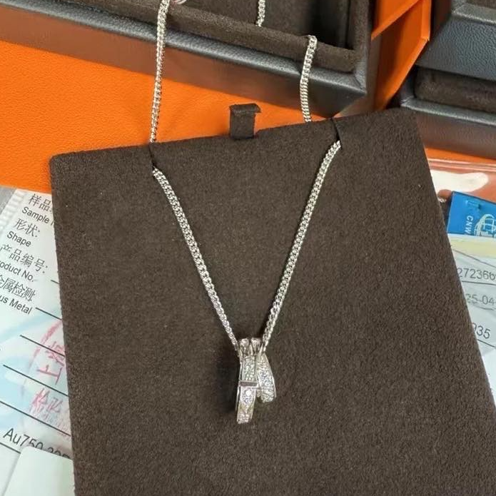 未使用 Hermes/爱马仕 小花6珊 Etriviere 系列 白金满钻项链