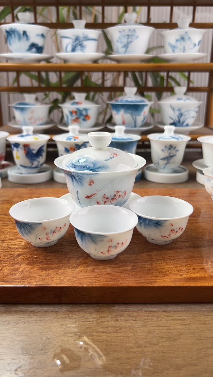 微瑕蓝莲150ml三才盖碗+小和顺杯3个
