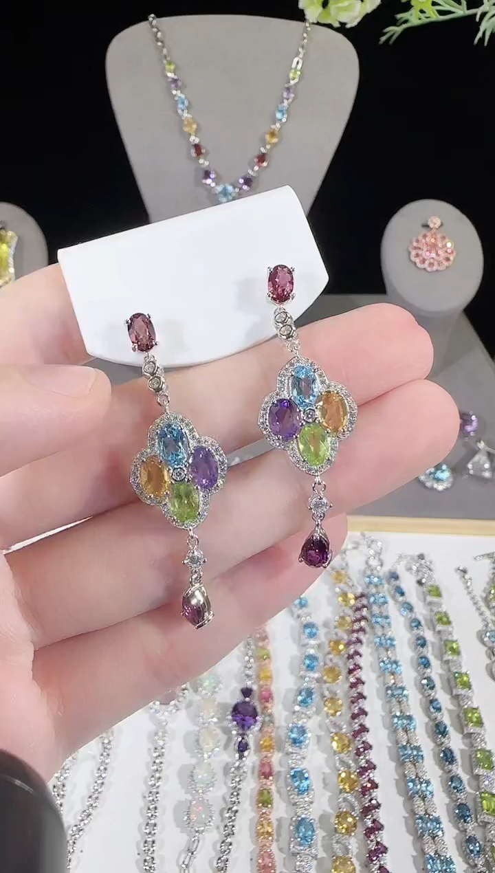 水晶耳饰银S925镶嵌4*6mm多彩宝耳坠