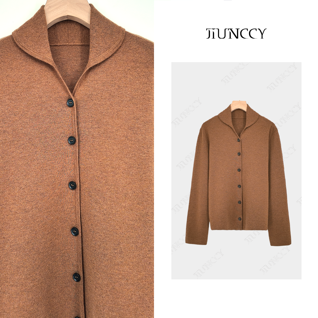 JIUNCCY【弯月】100精纺绵羊毛四平针弧形翻领针织毛衣开衫52YZZ167