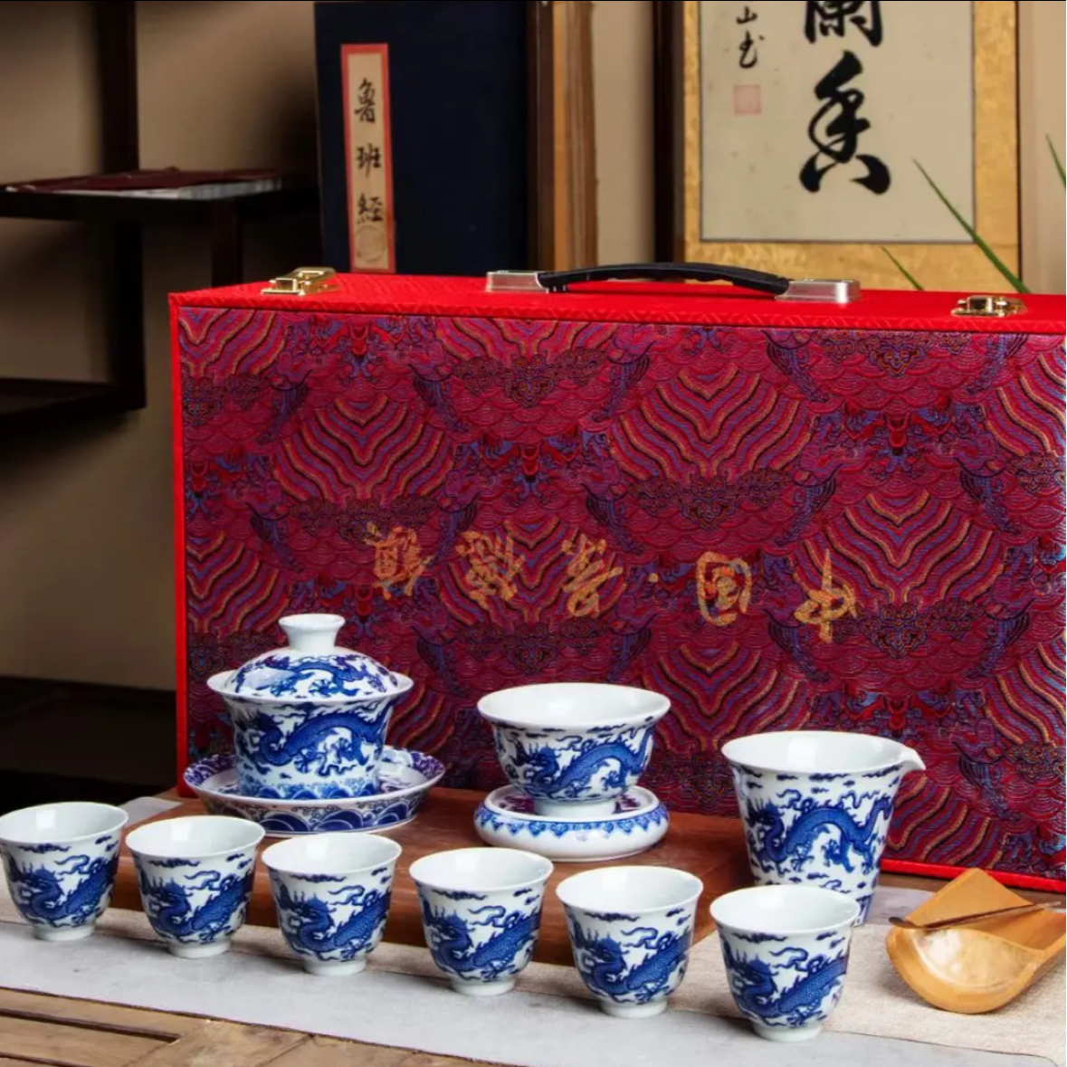 青花瓷宣德九龙陶瓷茶具套装高端盒装