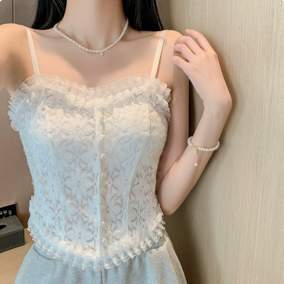 蕾丝花纹小吊带背心美背内搭褶皱珍珠外穿打底上衣