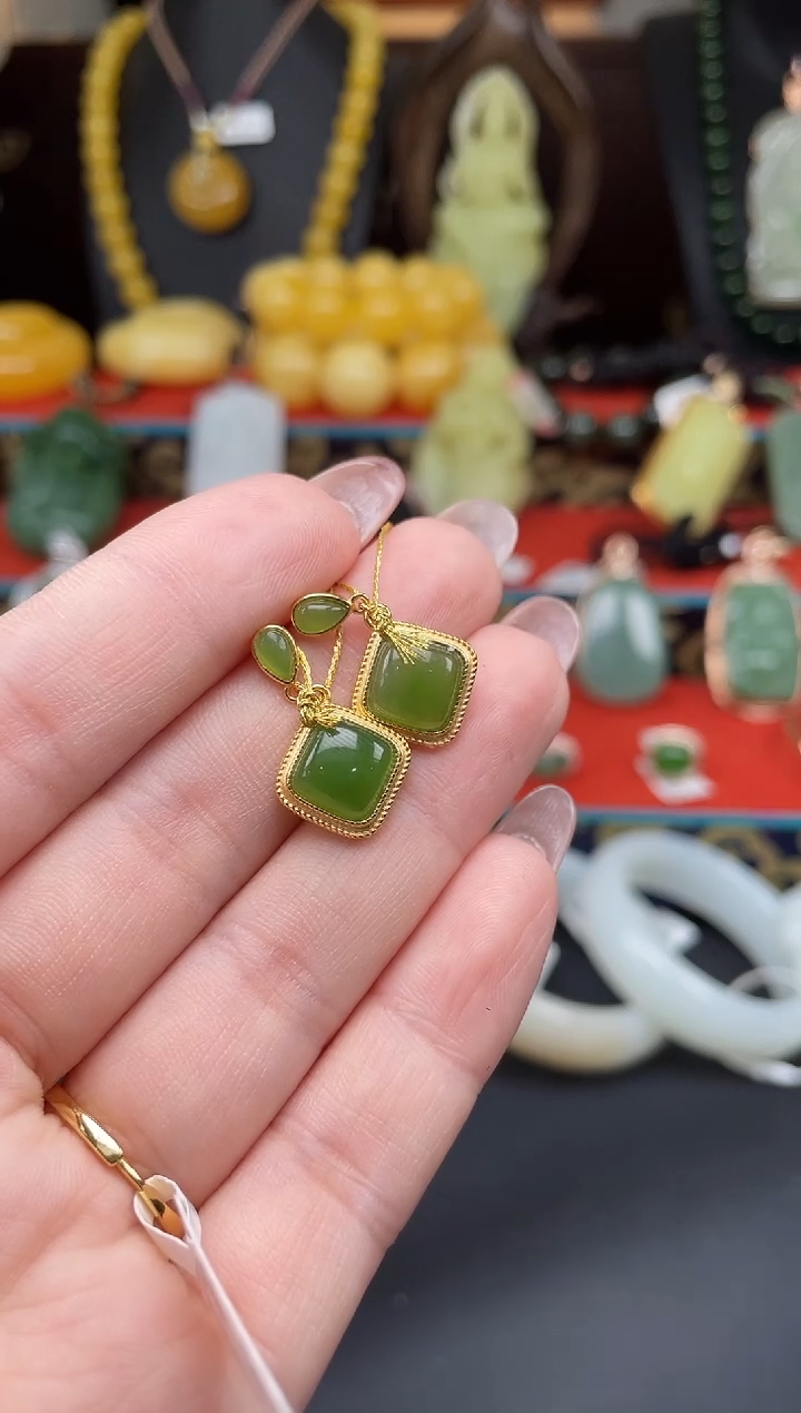 和田玉银S925镶嵌耳饰L078