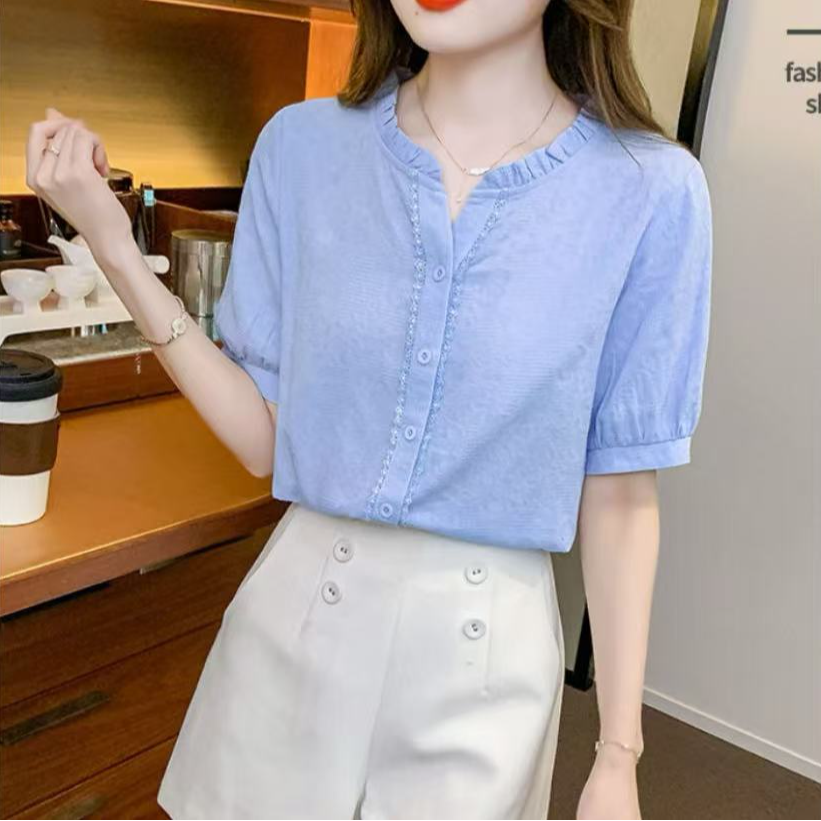 短袖淑女刺绣衬衫木耳气质圆领小衫薄款小众宽松雪纺衫夏季