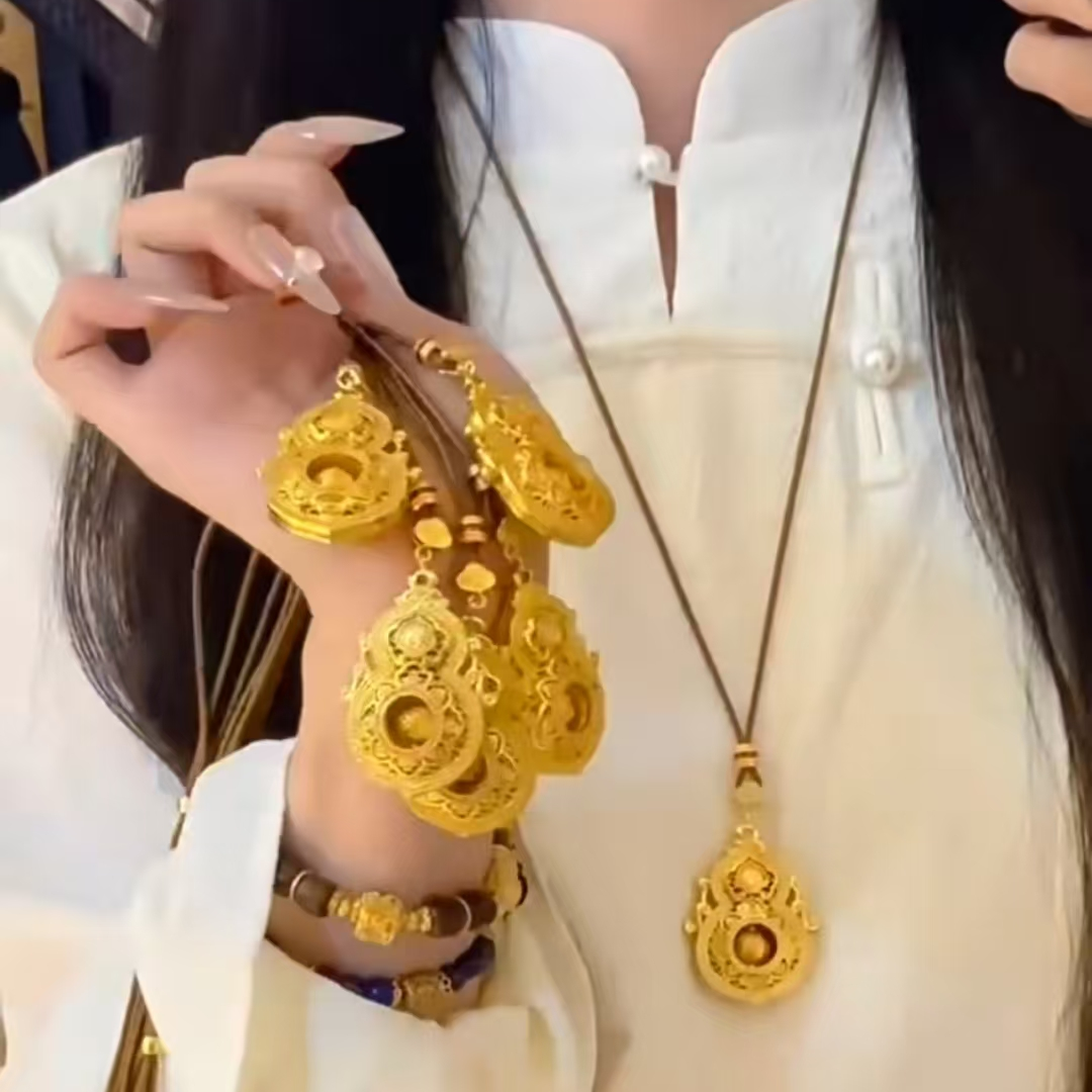 吊坠足银 足银金色人生四美葫芦吊坠古法镶嵌转动款福禄寿吊坠