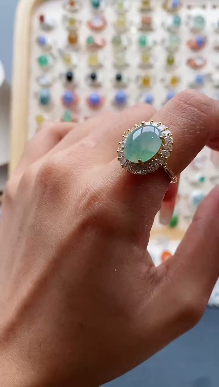 【闪购商品】翡翠戒指银S925镶嵌缅甸天然A货翡翠222 10+6