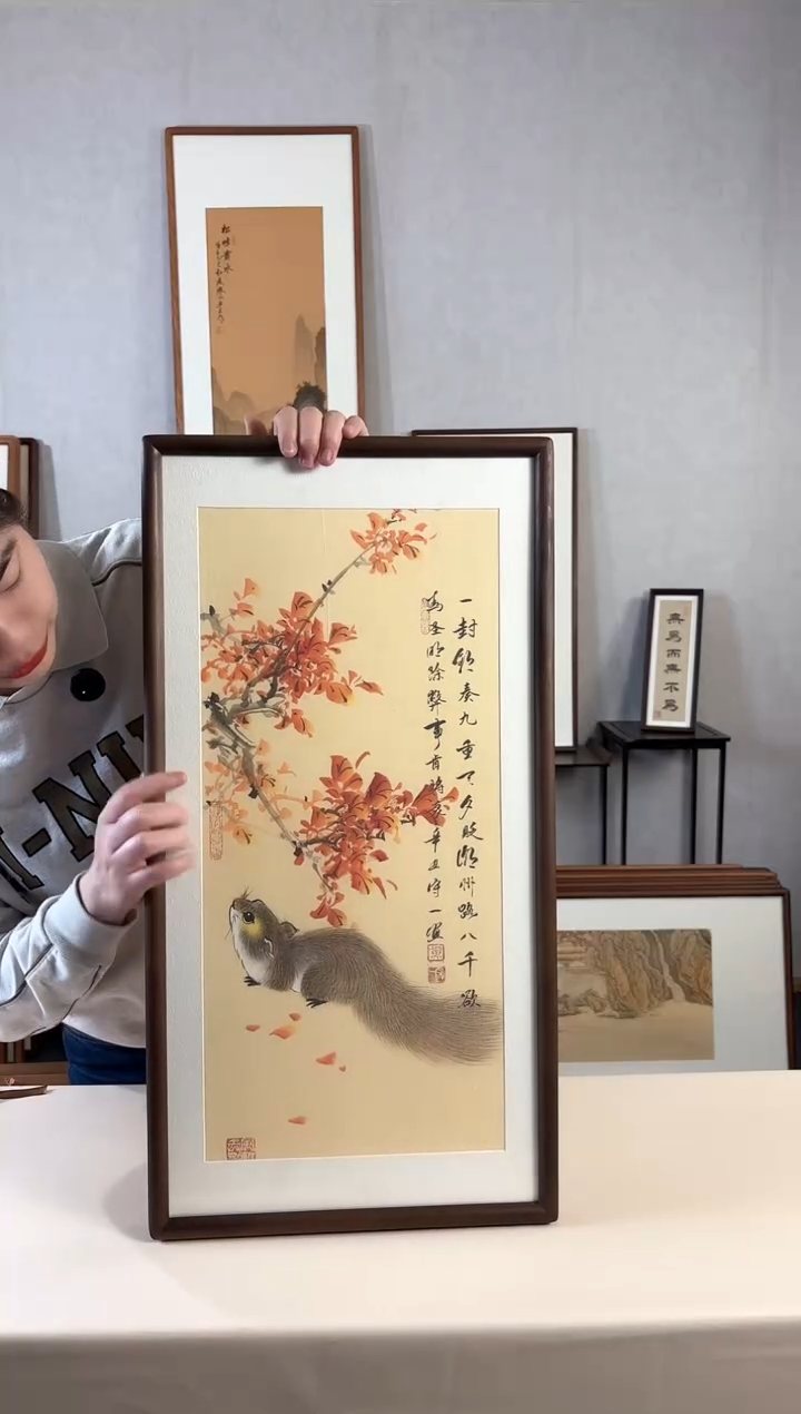 【闪购商品】国画手绘*红枫秋色*35*68cm实木框