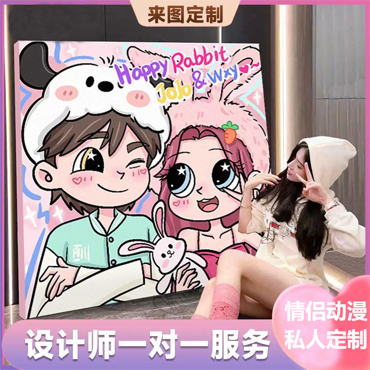 星蝶风装饰手绘画动漫设计情侣画像定制卡通专属头像色彩实物背景