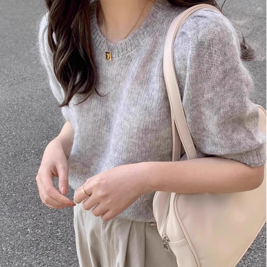女圆领套头羊毛针织衫短袖早秋短款宽松时尚百搭毛衣打底衫