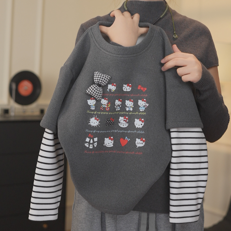 【秋冬加绒】假两件条纹拼接卫衣 学院风软妹保暖神衣！