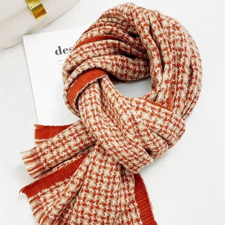 新款英伦小香风羊毛保暖编织格围巾