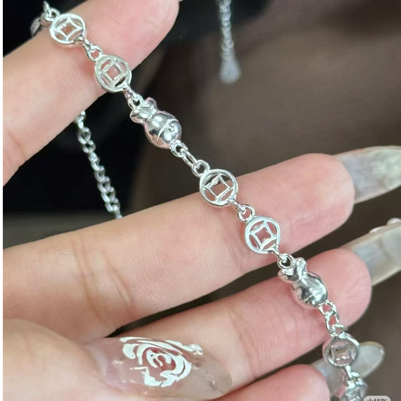 足银手链 纯银小鱼手链女999足银铜钱鱼手镯年年有鱼银链子送女友