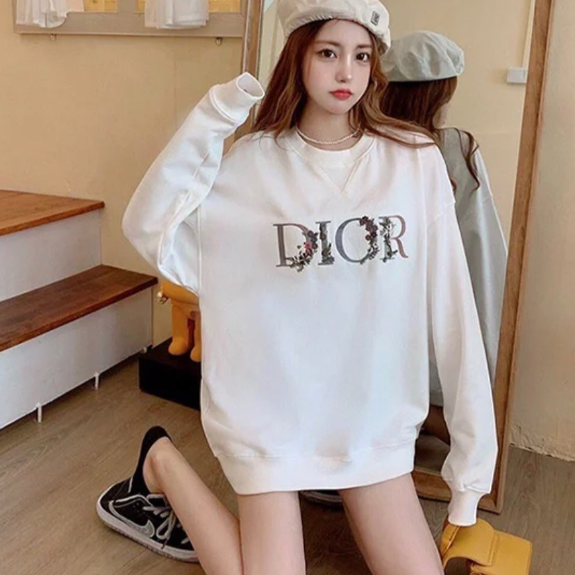 99新 DIOR/迪奥 H14012 白色字母刺绣棉质圆领长袖卫衣 S码