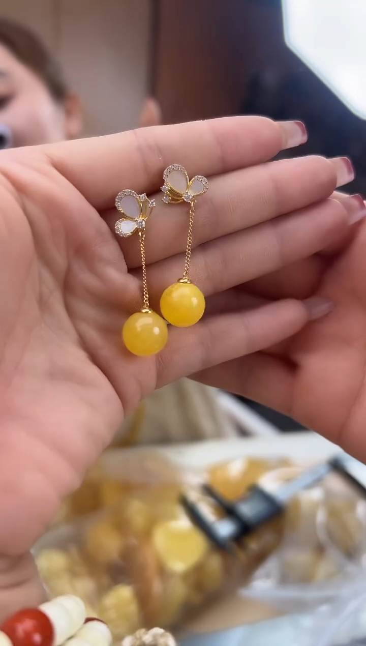 【闪购商品】琥珀裸石银S925镶嵌蜜蜡耳钉