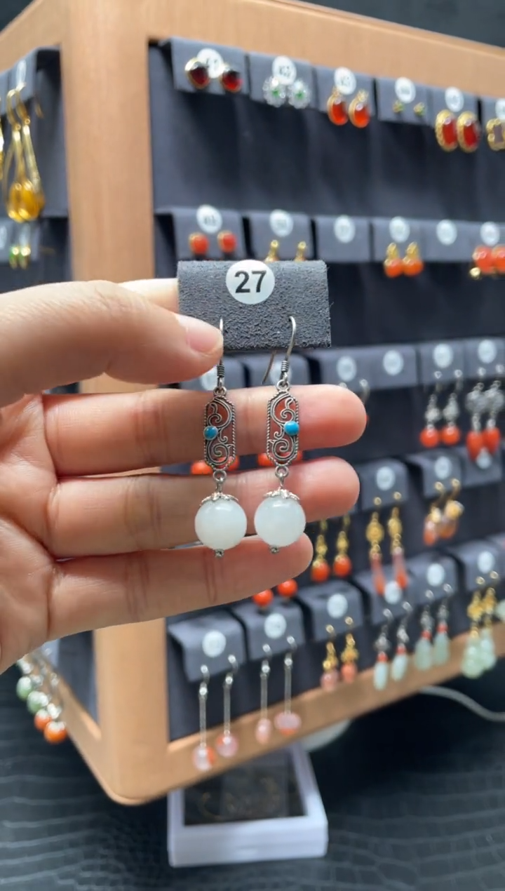 【闪购商品】和田玉耳饰银S925镶嵌0027