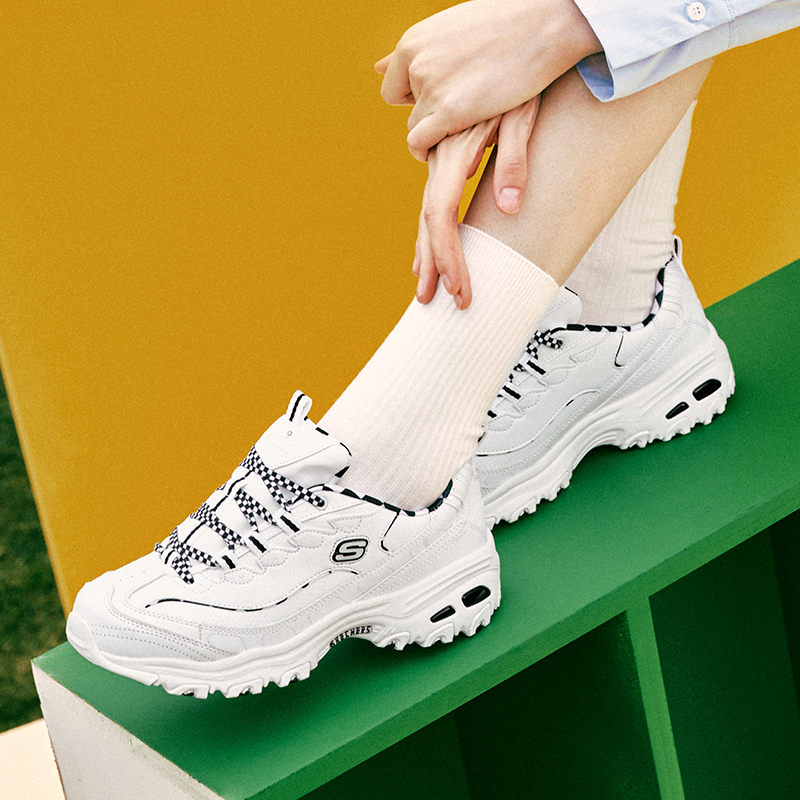 Skechers斯凯奇时尚复古格纹老爹鞋女2025新款轻便厚底休闲运动鞋