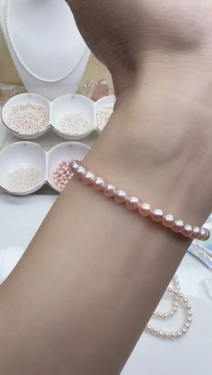 银S925镶嵌手链淡水珍珠粉色近圆4.5-5mm