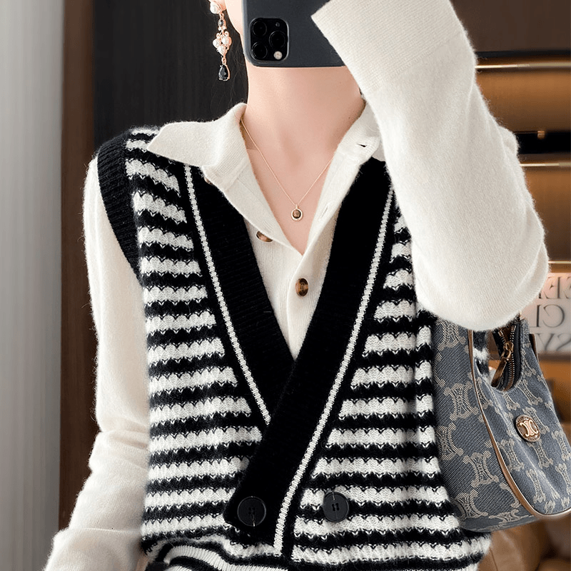 拼色马甲！24秋冬新款时尚条纹拼色洋气针织坎肩1  ZJ-拼色马甲