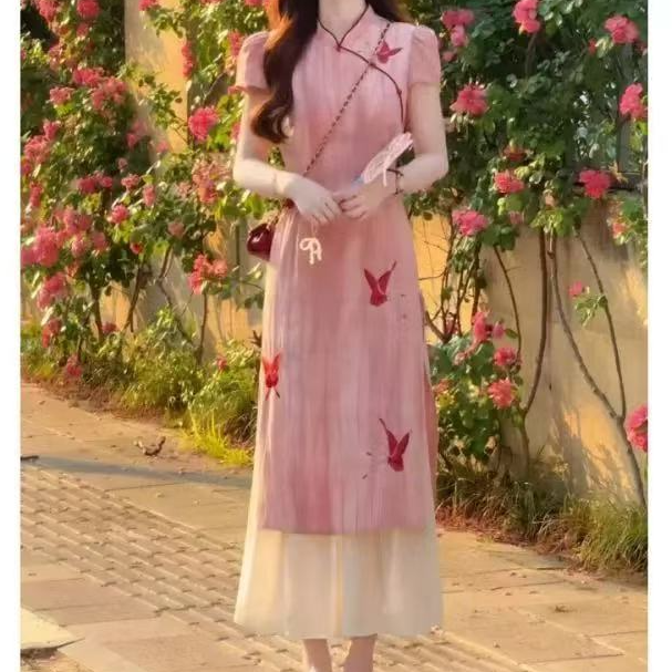 345-福利款-不换不退 粉色国风假两件连衣裙