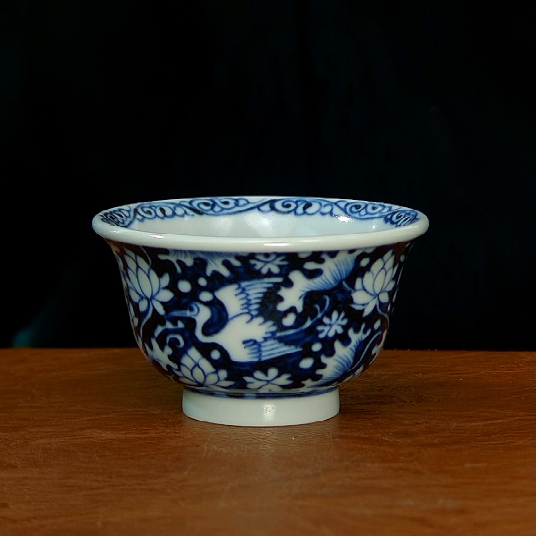 景德镇柴窑枢府釉一鹭压手杯 80cc 畅元柴窑手工手绘高端茶具