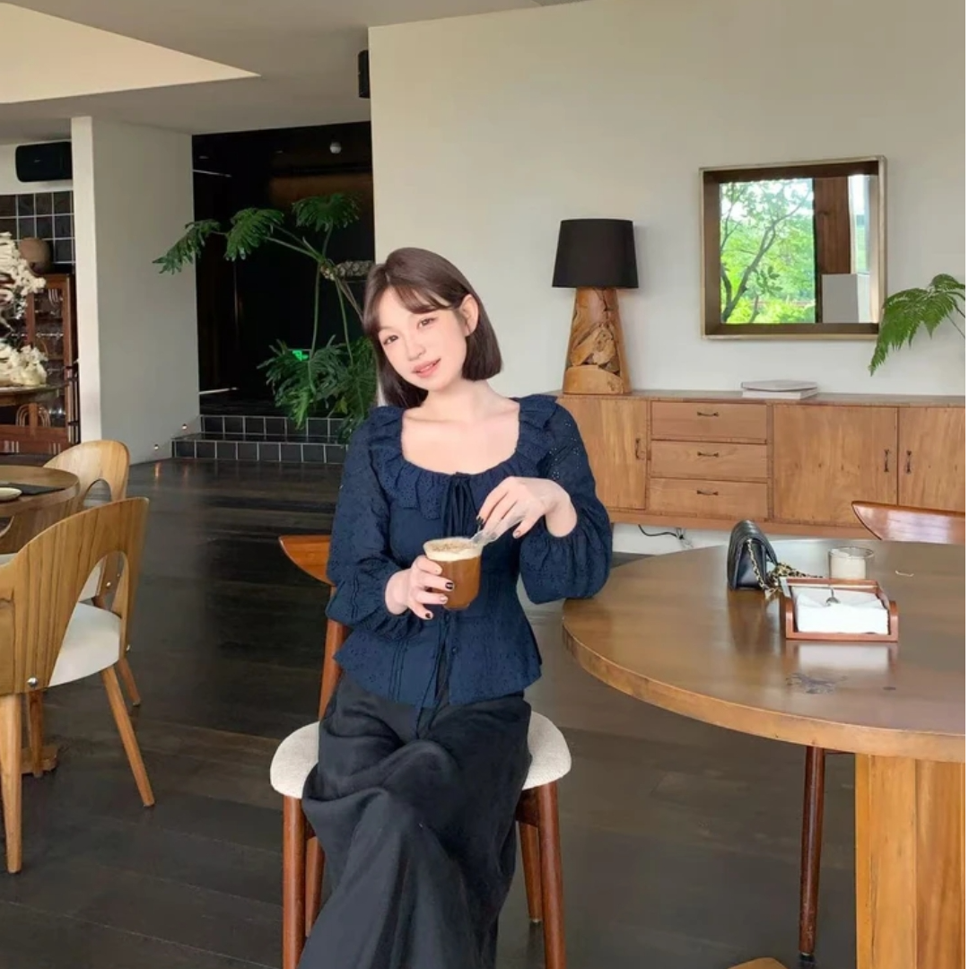 大码女装法式简约设计感荷叶领收腰气长袖上衣12989