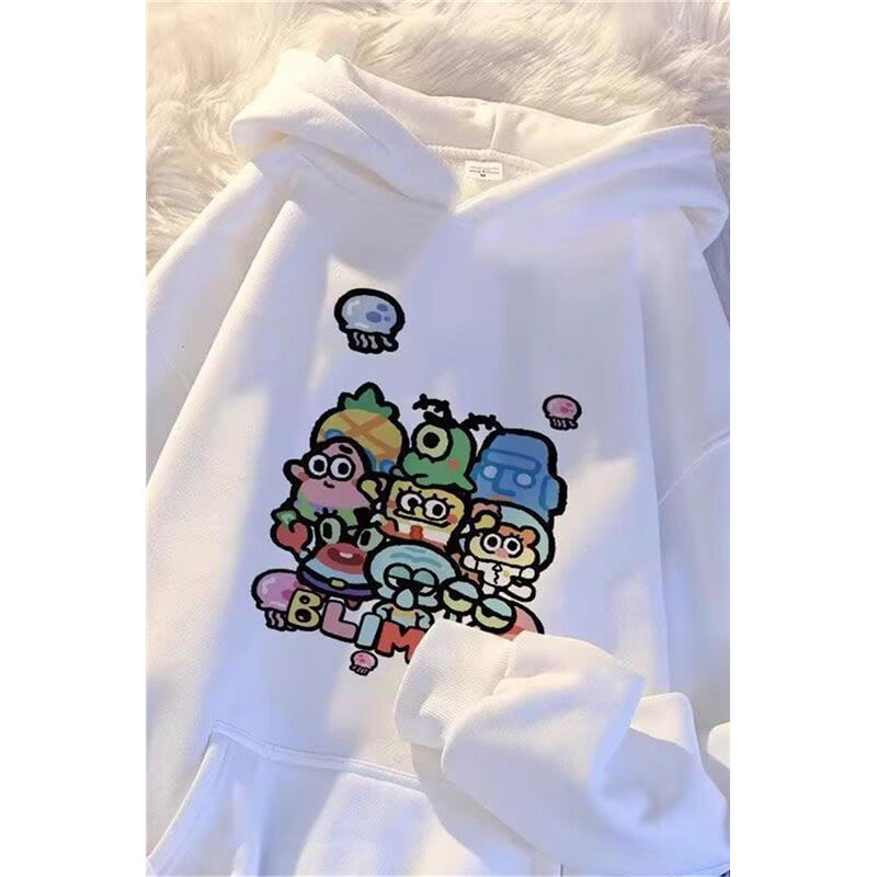 银狐绒韩版潮牌海绵宝宝印花连帽卫衣情侣装秋冬季ins休闲上衣男