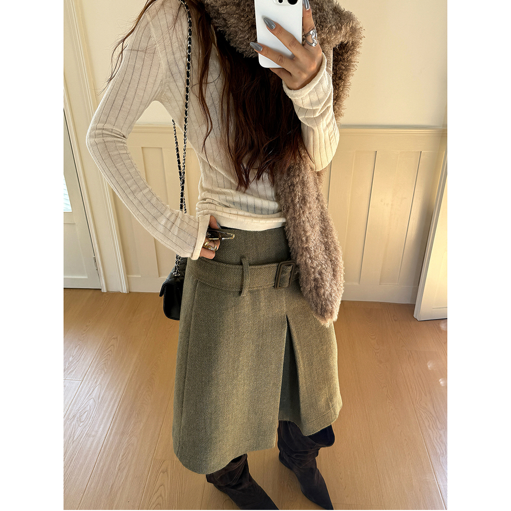 复古小众人字纹毛呢半身裙女冬季新款高腰显瘦百搭A字中长裙