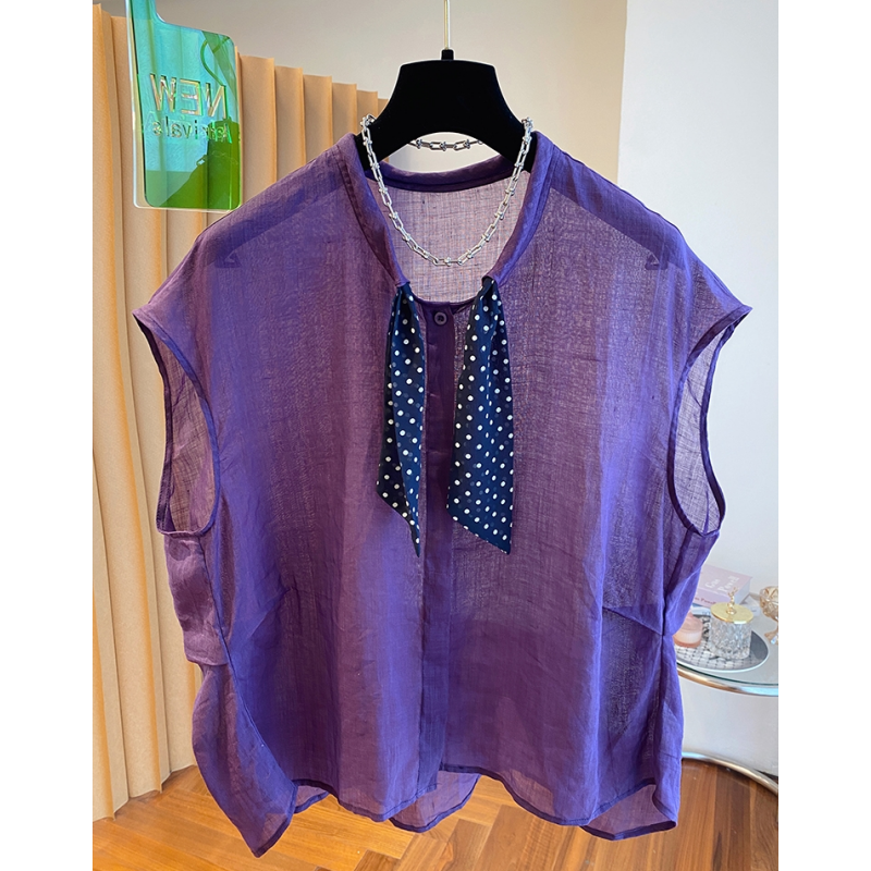 巨好看的年轻款紫色苎麻上衣女夏2025新款宽松薄款搭配丝巾的上衣
