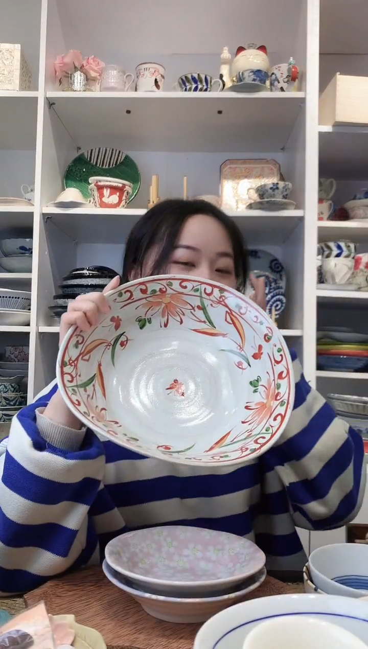 陶瓷bloom手绘赤绘花蝶三足大钵24.5cm