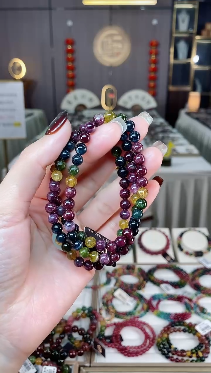 未镶嵌老矿碧玺彩虹三圈手串6mm+碧玺dan多样性发货一条