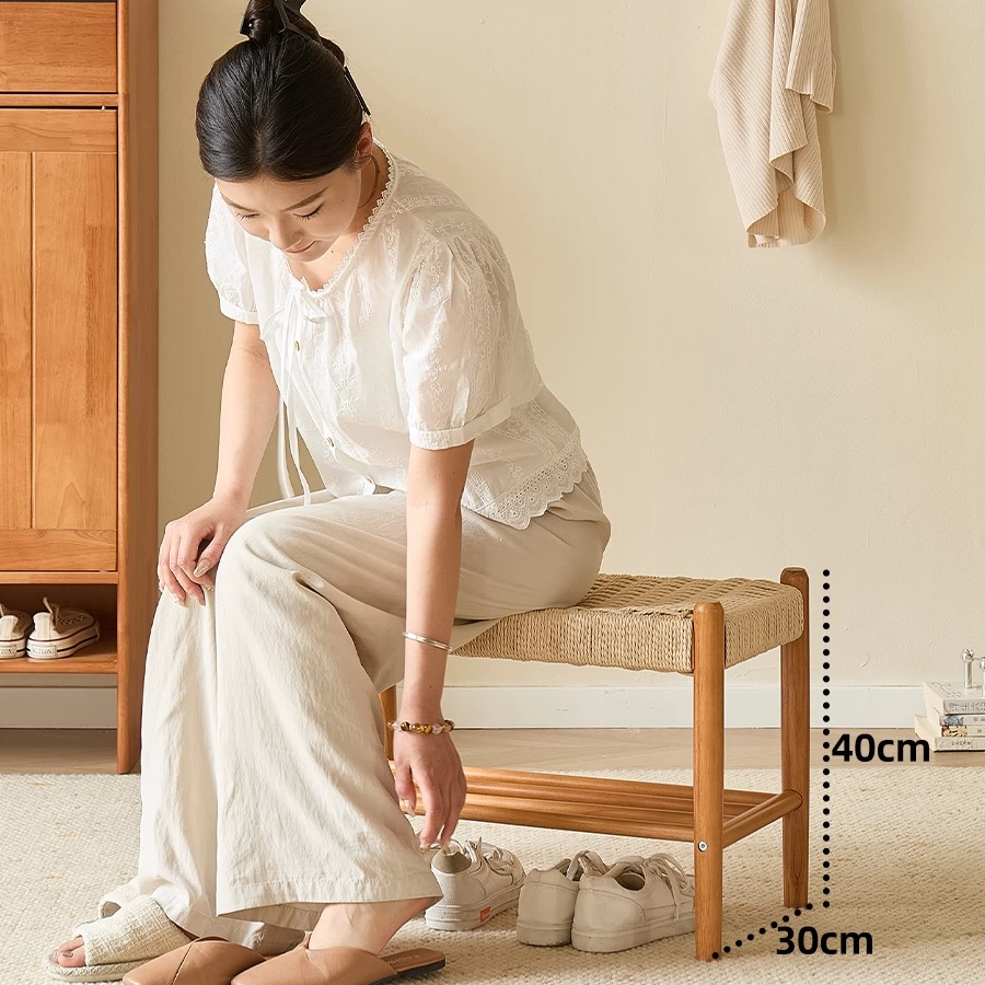 实木换鞋凳绳编入户双层置物鞋架玄关凳子复古中古床尾客厅家用